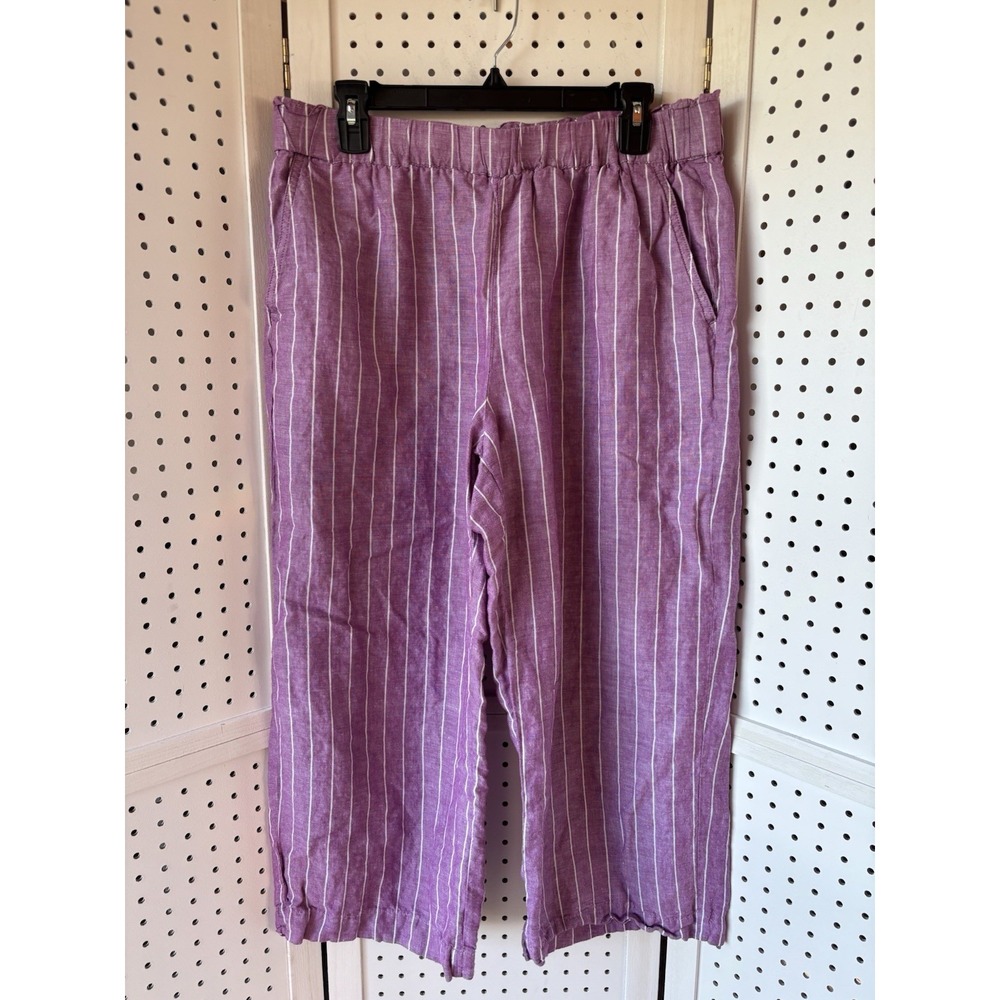 Talbots Women's Lg Linen Cotton Striped Purple Crop Pants Wide Leg Pull On